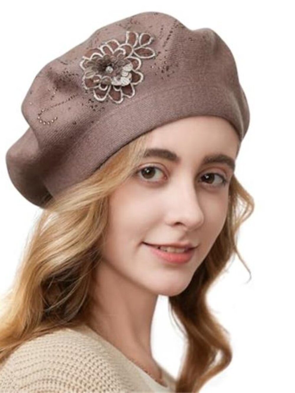 Women's Flower Embroidery Beret Hat French Style Knitted Beret Hat